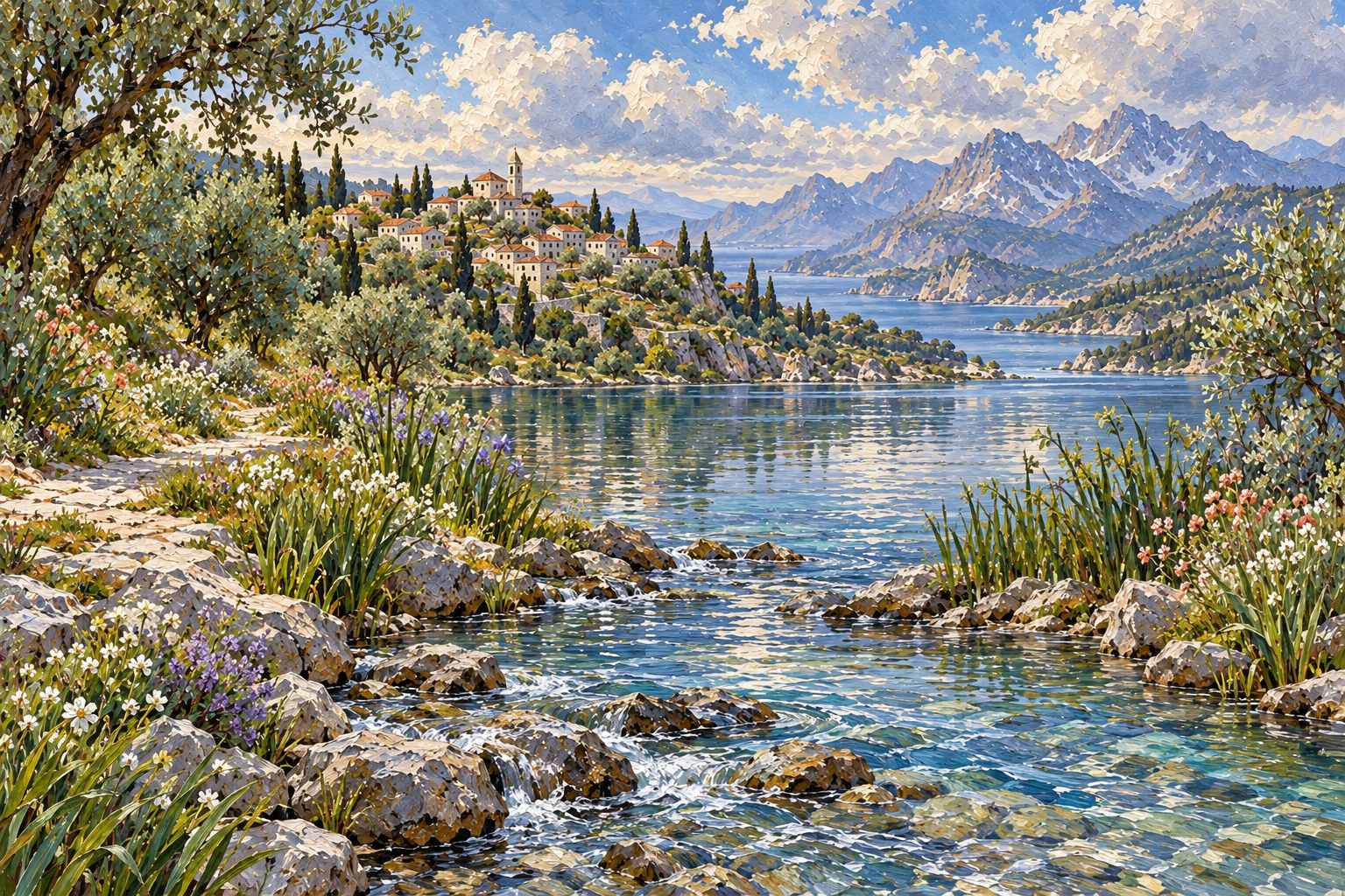 A quiet lagoon framed by a hillside village and olive-green banks.