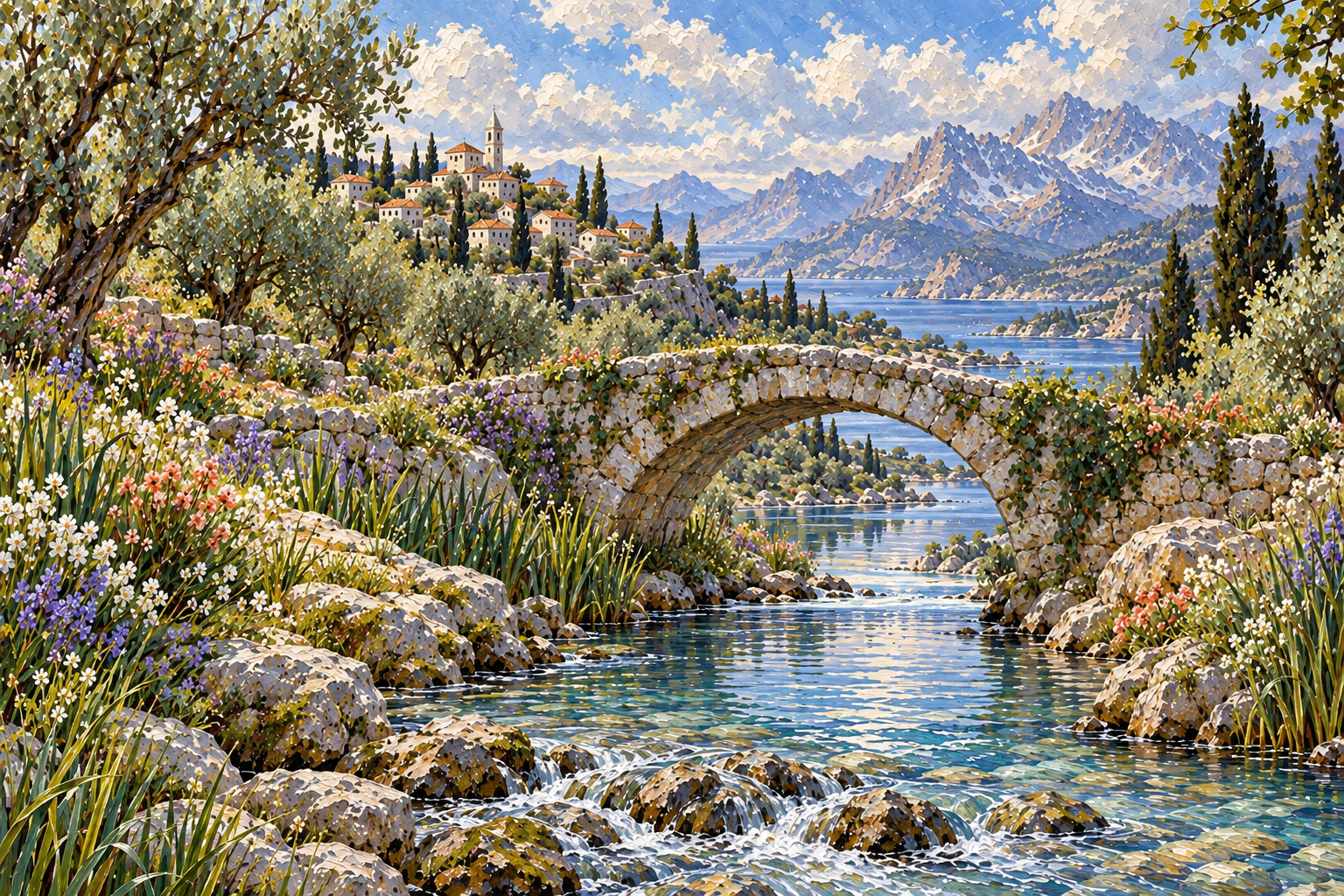 A stone bridge crosses a stream toward a mountain village and blue lagoon.