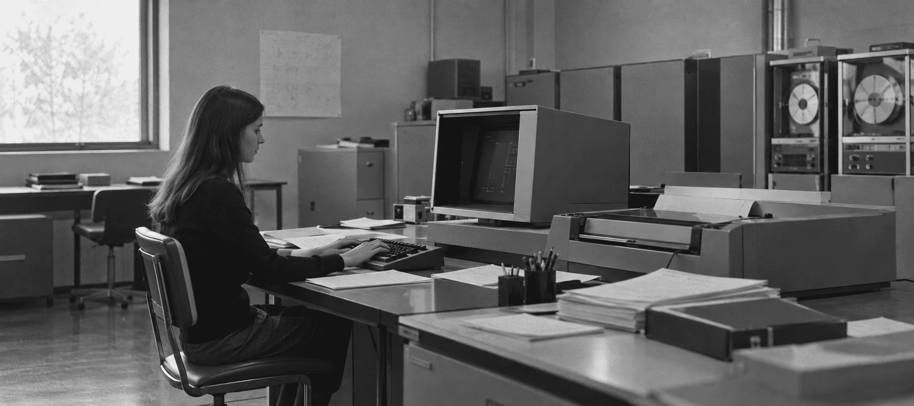 An operator working at a desk in an early computing office.