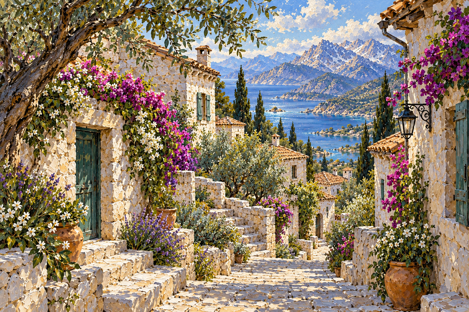 A stone lane winding through a flower-covered hillside village above a blue lagoon.